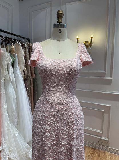 Luxury Pink Floral Appliqué Evening Dress with Open Back 2025 LA73119