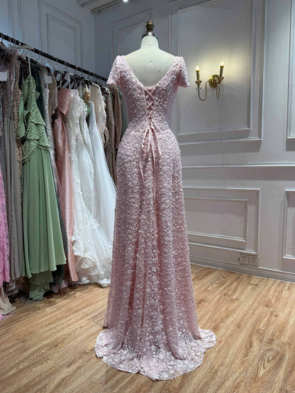 Luxury Pink Floral Appliqué Evening Dress with Open Back 2025 LA73119