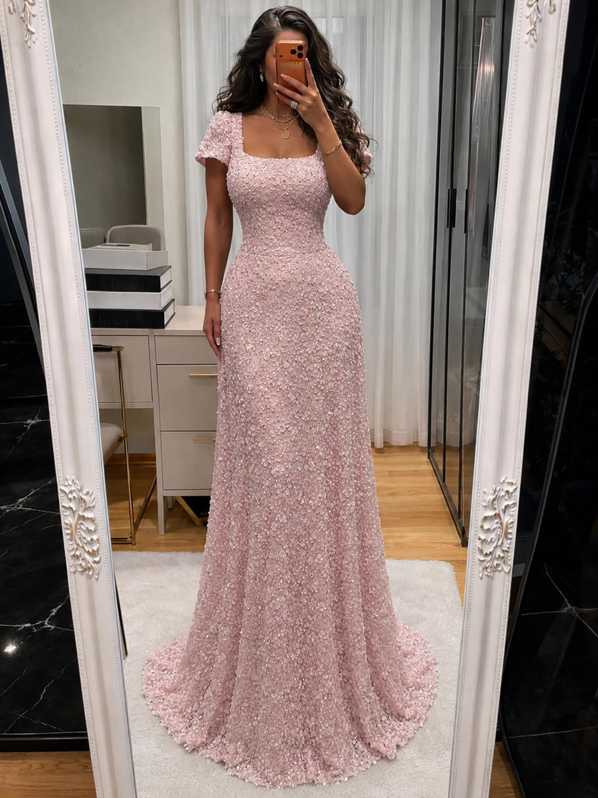 Luxury Pink Floral Appliqué Evening Dress with Open Back 2025 LA73119