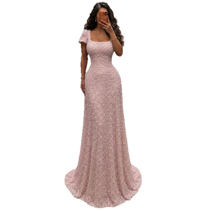 Luxury Pink Floral Appliqué Evening Dress with Open Back 2025 LA73119