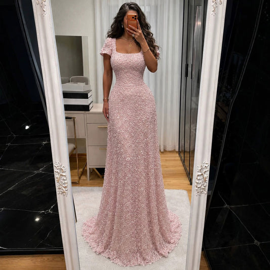 Luxury Pink Floral Appliqué Evening Dress with Open Back 2025 LA73119