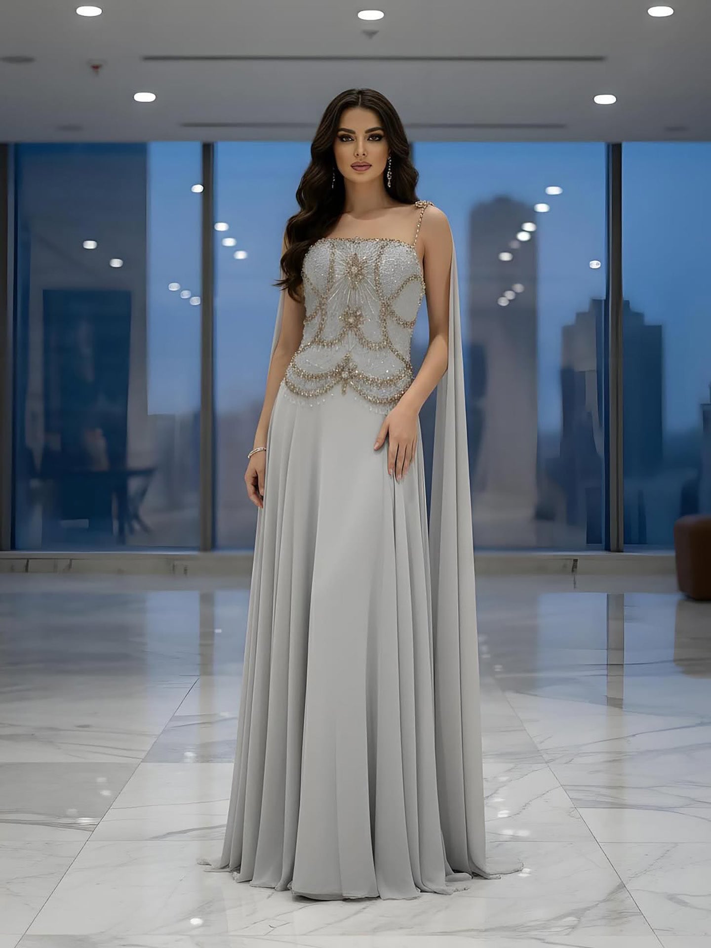 Luxury Gray Chiffon Cape Evening Dress with Beaded Bodice LA73123