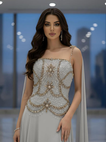 Luxury Gray Chiffon Cape Evening Dress with Beaded Bodice LA73123