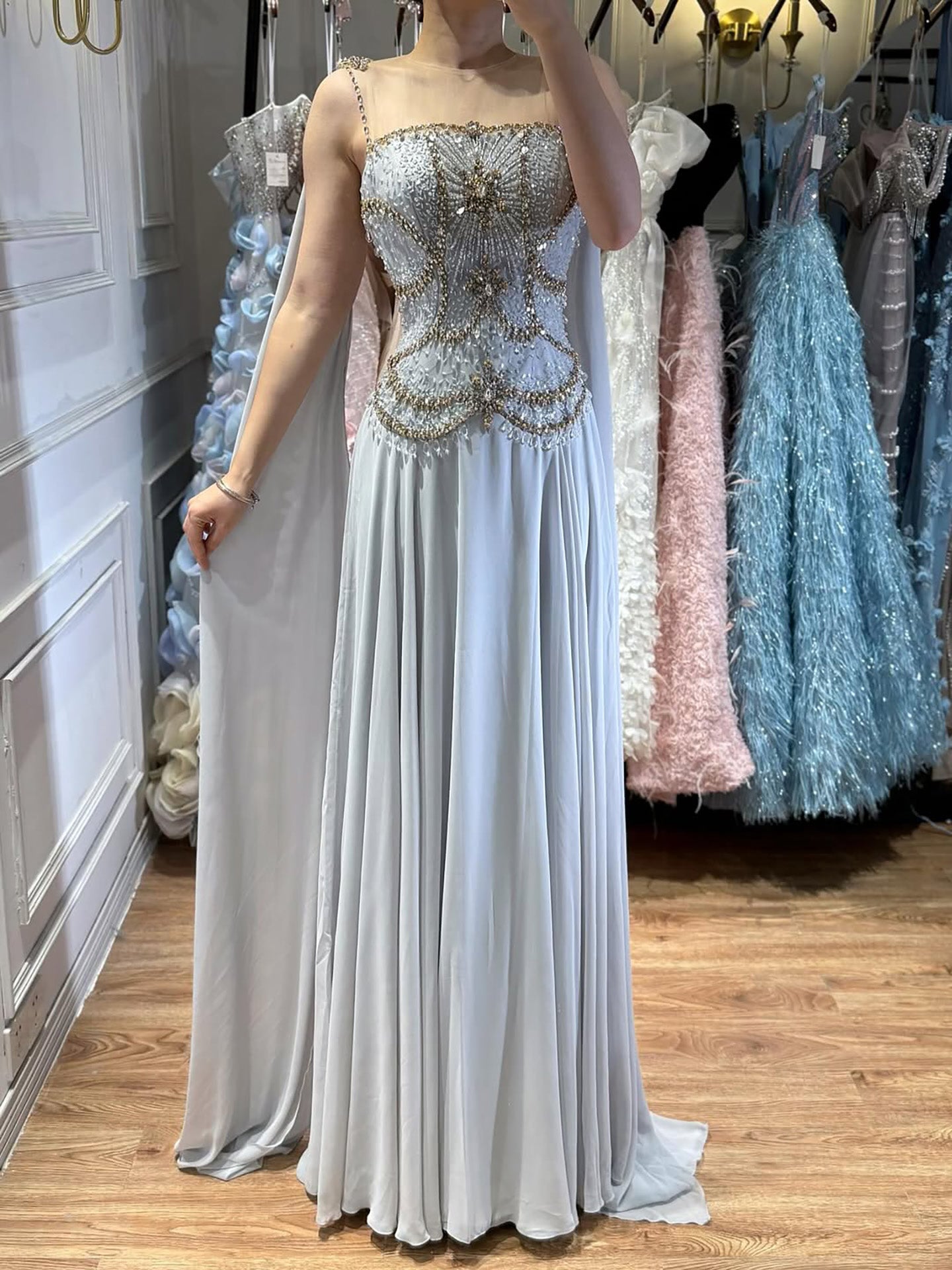 Luxury Gray Chiffon Cape Evening Dress with Beaded Bodice LA73123