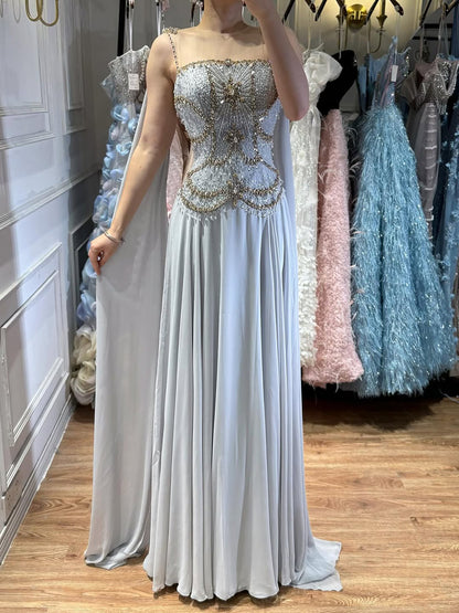 Luxury Gray Chiffon Cape Evening Dress with Beaded Bodice LA73123