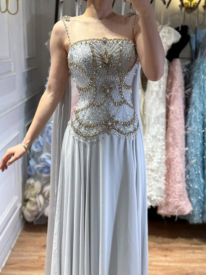 Luxury Gray Chiffon Cape Evening Dress with Beaded Bodice LA73123