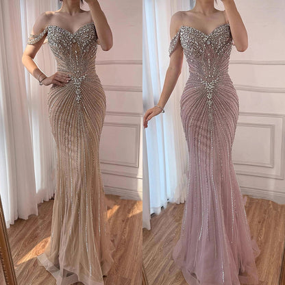Luxury Arabic Nude Crystal Off Shoulder Beaded Mermaid Evening Dress LA73128A
