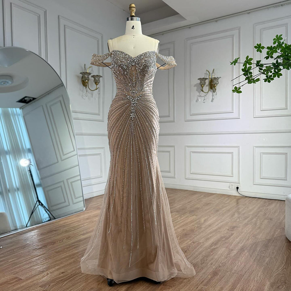Luxury Arabic Nude Crystal Off Shoulder Beaded Mermaid Evening Dress LA73128A