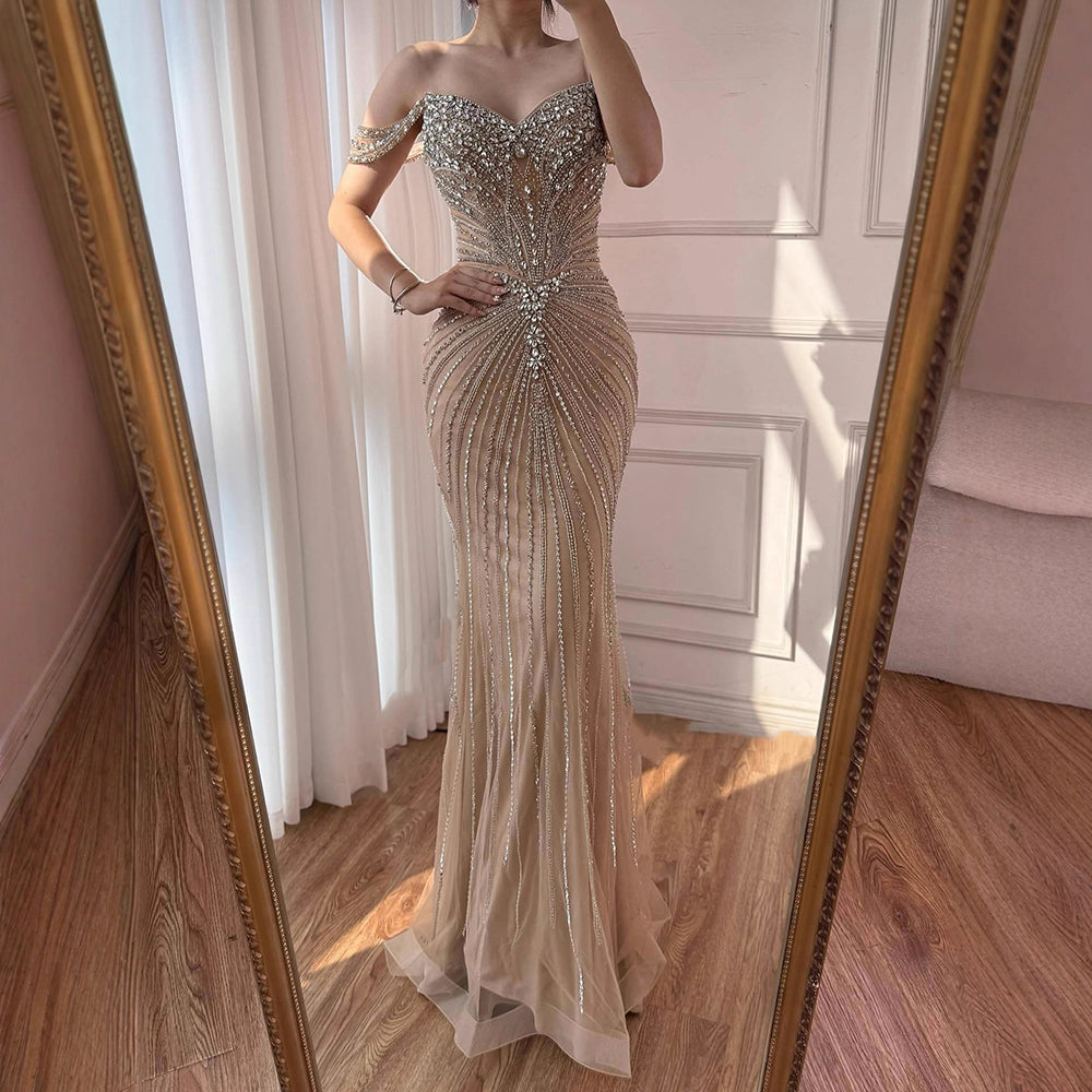 Luxury Arabic Nude Crystal Off Shoulder Beaded Mermaid Evening Dress LA73128A