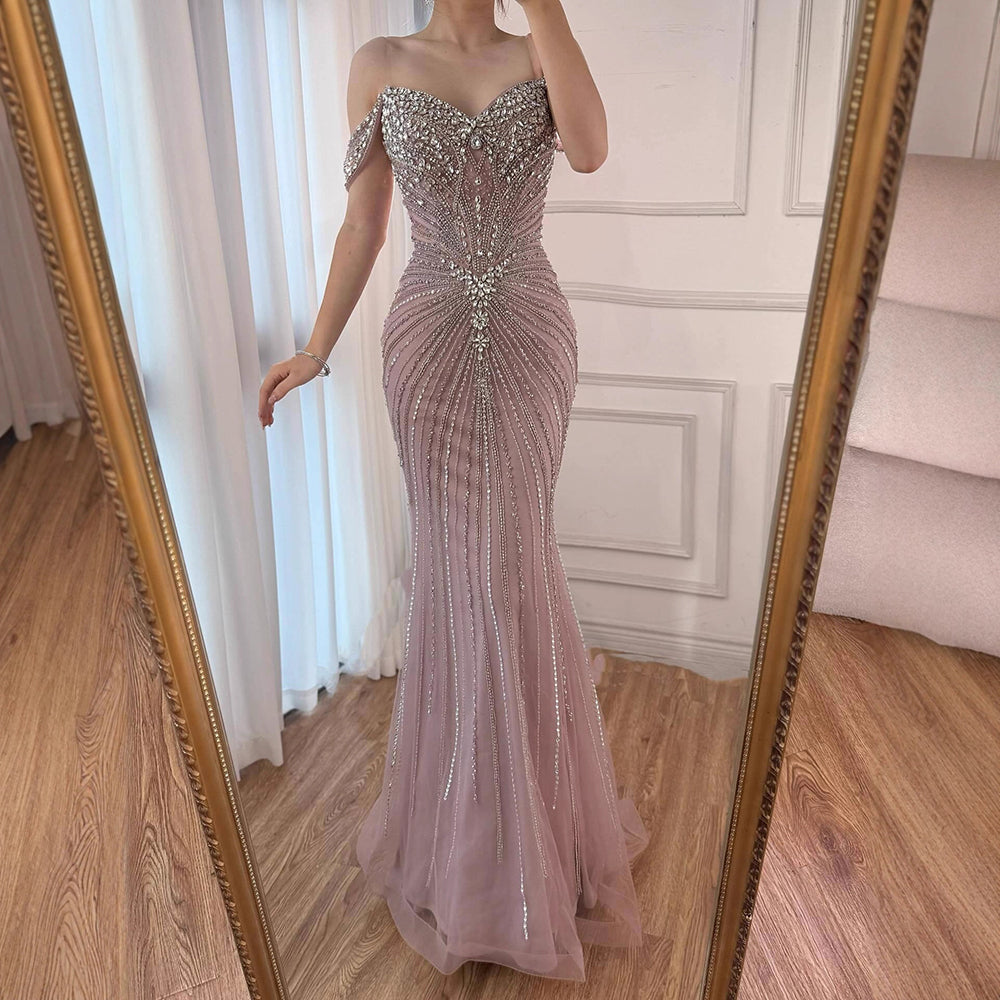 Luxury Arabic Nude Crystal Off Shoulder Beaded Mermaid Evening Dress LA73128A