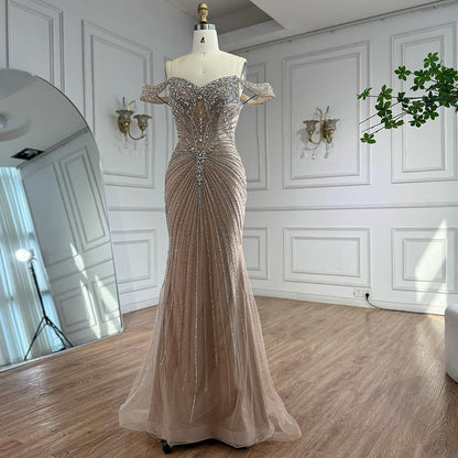 Luxury Arabic Nude Crystal Off Shoulder Beaded Mermaid Evening Dress LA73128A