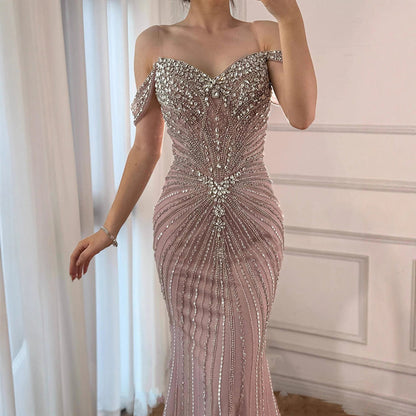 Luxury Arabic Nude Crystal Off Shoulder Beaded Mermaid Evening Dress LA73128A