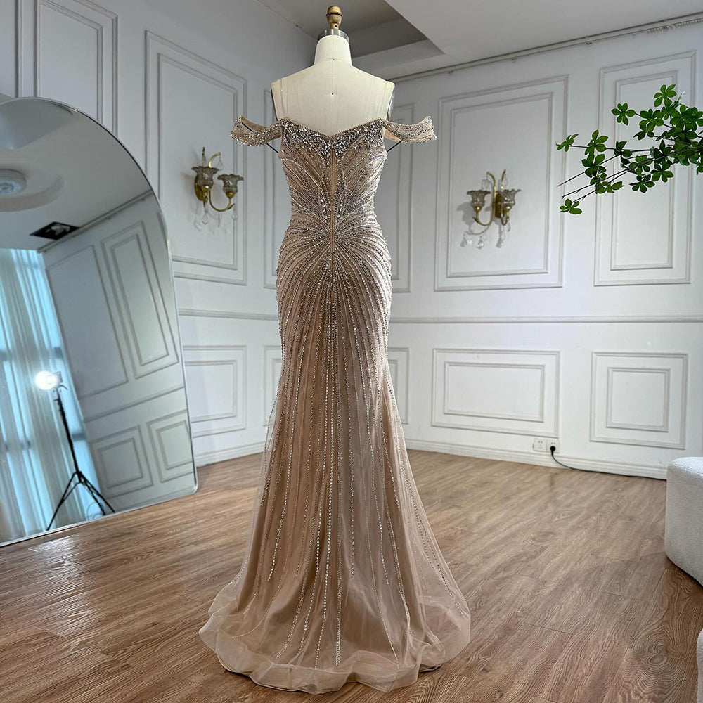 Luxury Arabic Nude Crystal Off Shoulder Beaded Mermaid Evening Dress LA73128A