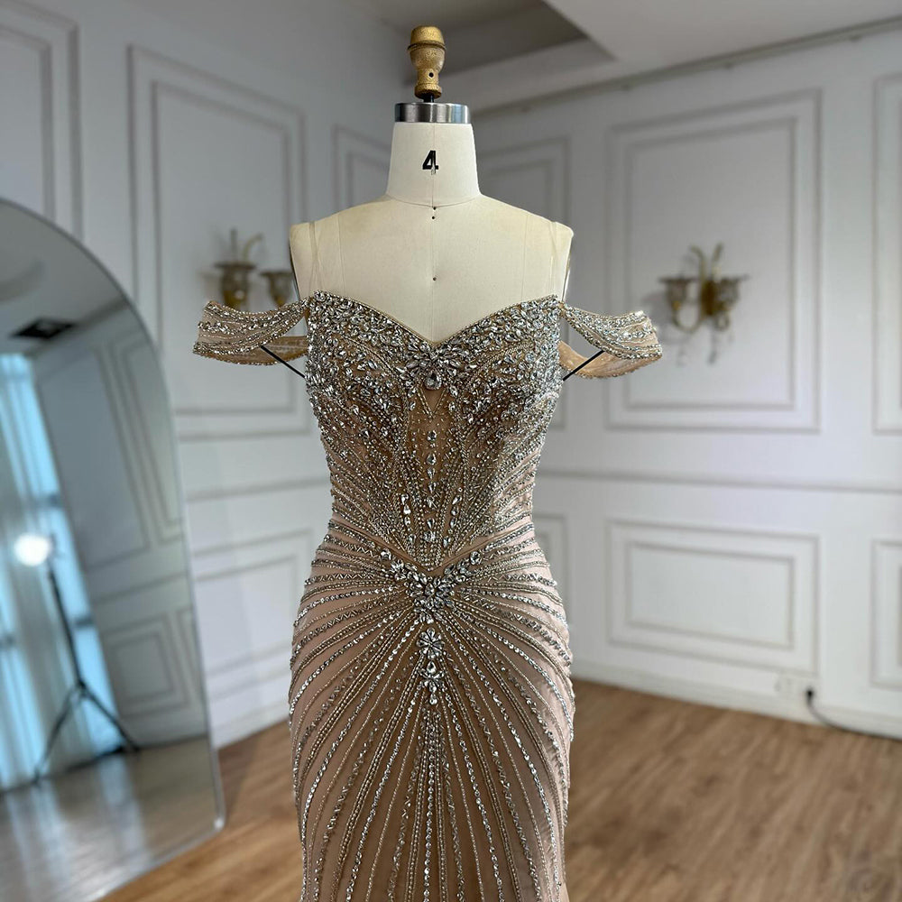 Luxury Arabic Nude Crystal Off Shoulder Beaded Mermaid Evening Dress LA73128A
