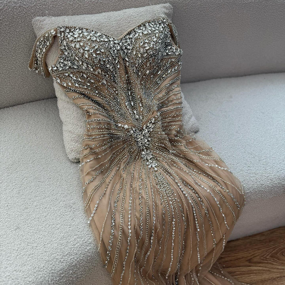 Luxury Arabic Nude Crystal Off Shoulder Beaded Mermaid Evening Dress LA73128A