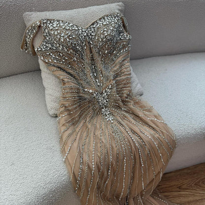 Luxury Arabic Nude Crystal Off Shoulder Beaded Mermaid Evening Dress LA73128A