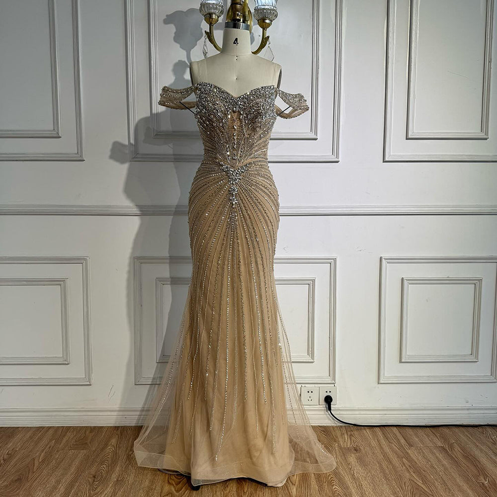 Luxury Arabic Nude Crystal Off Shoulder Beaded Mermaid Evening Dress LA73128A