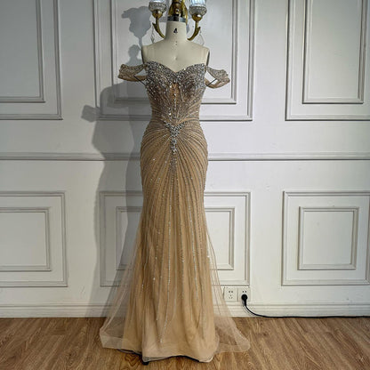 Luxury Arabic Nude Crystal Off Shoulder Beaded Mermaid Evening Dress LA73128A