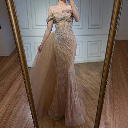 Luxury Nude Off Shoulder Beaded Mermaid Gown with Overskirt LA73139