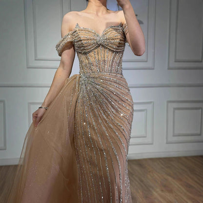 Luxury Nude Off Shoulder Beaded Mermaid Gown with Overskirt LA73139