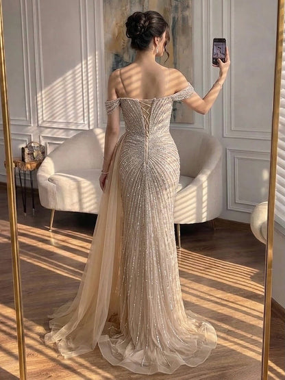 Luxury Nude Off Shoulder Beaded Mermaid Gown with Overskirt LA73139A