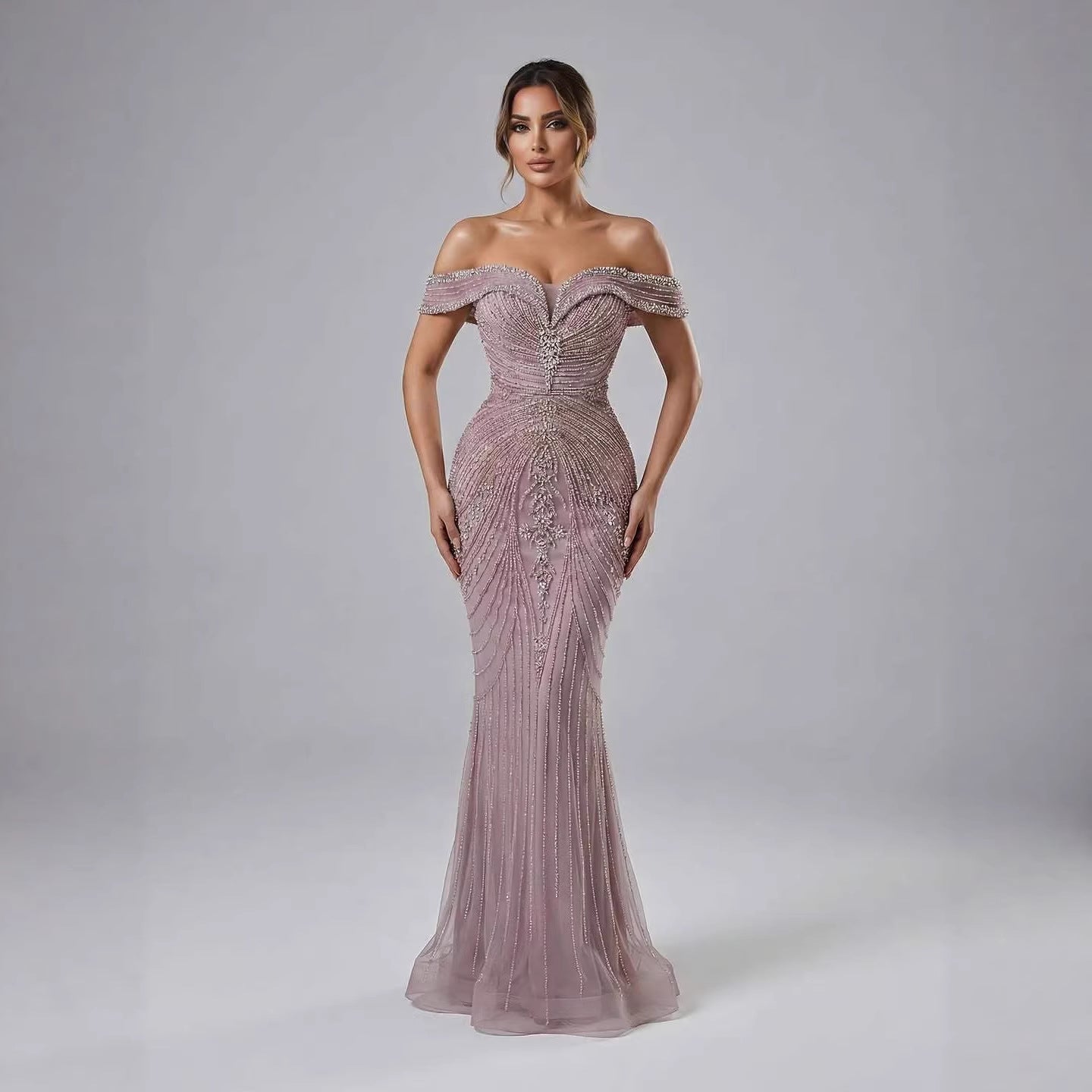 Luxury Pink Strapless Off The Shoulder Elegant Beaded Mermaid Evening Dress LA73140