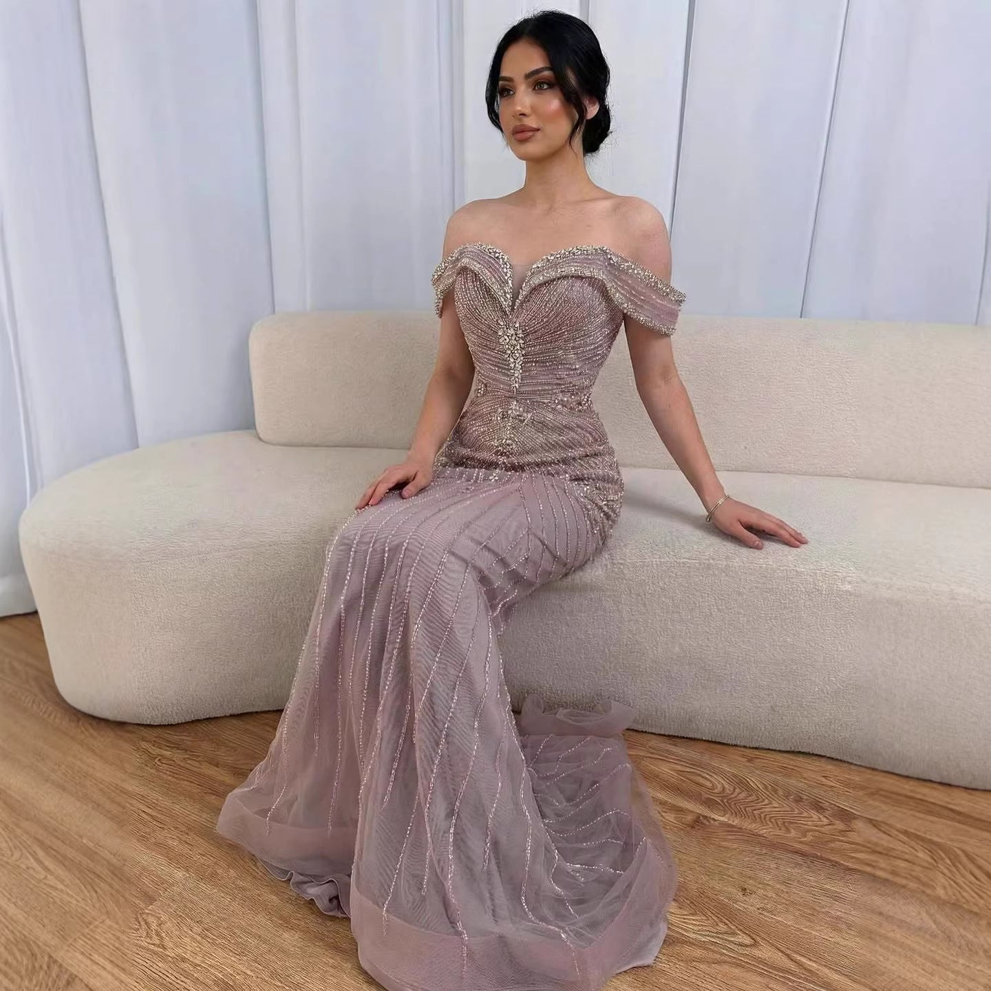 Luxury Pink Strapless Off The Shoulder Elegant Beaded Mermaid Evening Dress LA73140