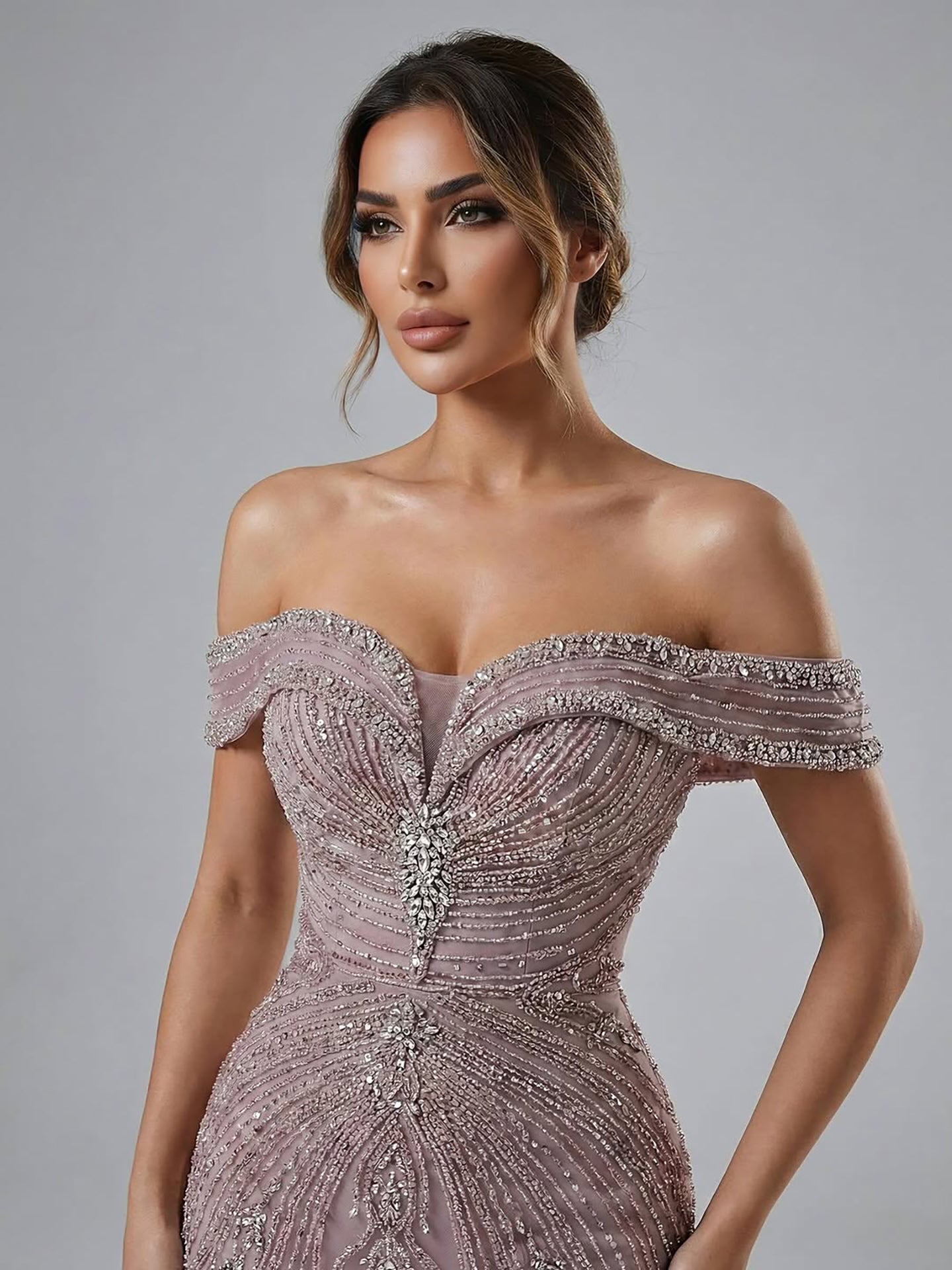 Luxury Pink Strapless Off The Shoulder Elegant Beaded Mermaid Evening Dress LA73140