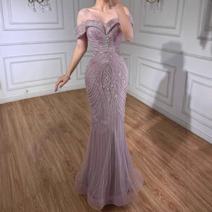 Luxury Pink Strapless Off The Shoulder Elegant Beaded Mermaid Evening Dress LA73140