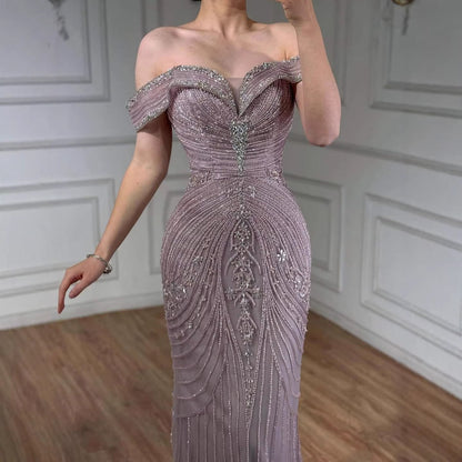 Luxury Pink Strapless Off The Shoulder Elegant Beaded Mermaid Evening Dress LA73140