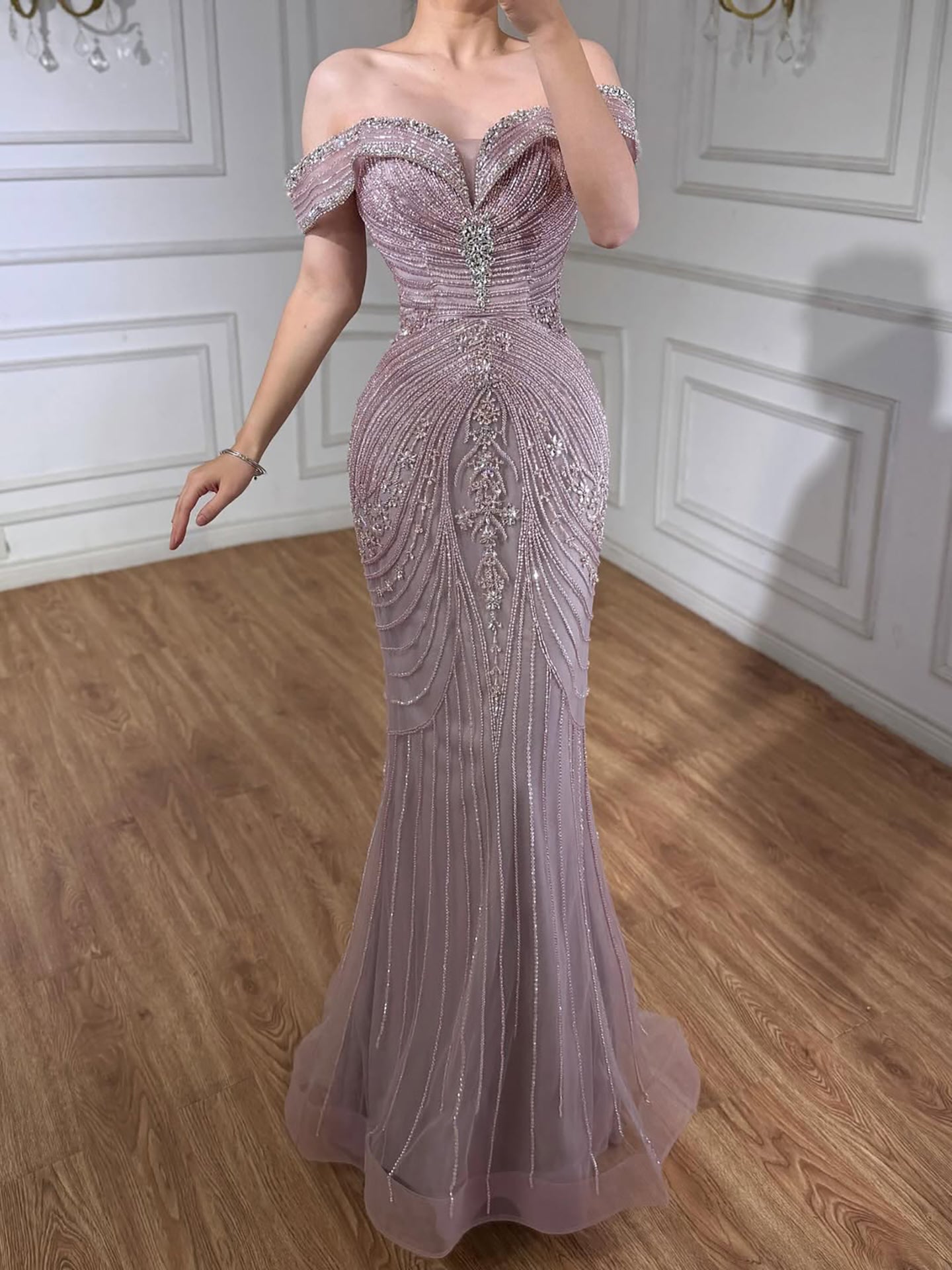 Luxury Pink Strapless Off The Shoulder Elegant Beaded Mermaid Evening Dress LA73140