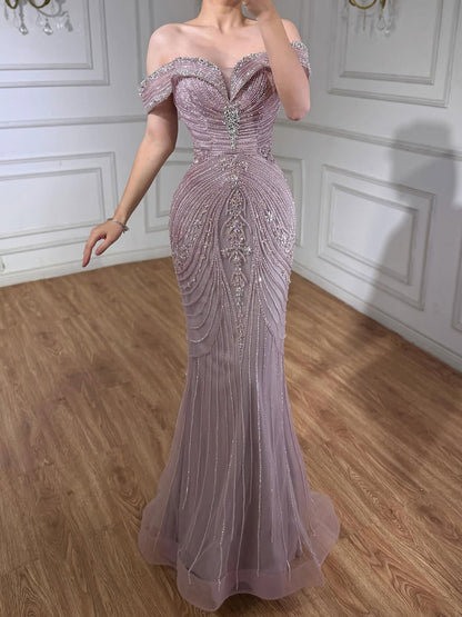 Luxury Pink Strapless Off The Shoulder Elegant Beaded Mermaid Evening Dress LA73140
