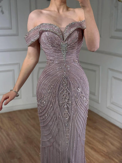 Luxury Pink Strapless Off The Shoulder Elegant Beaded Mermaid Evening Dress LA73140