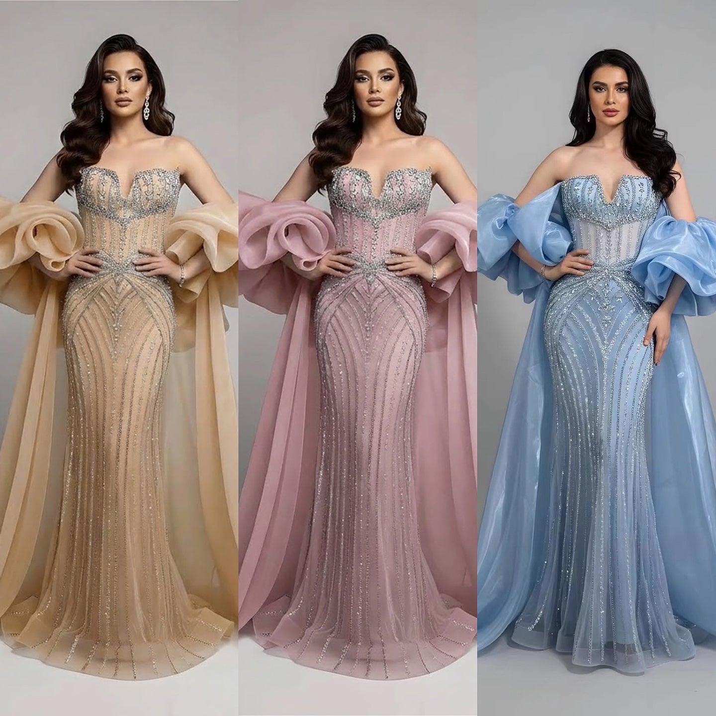 Luxury Light Blue Diamond Evening Dress With Ruffle Cape LA73141