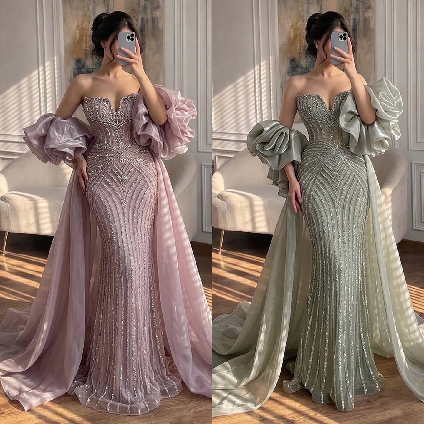 Luxury Light Blue Diamond Evening Dress With Ruffle Cape LA73141