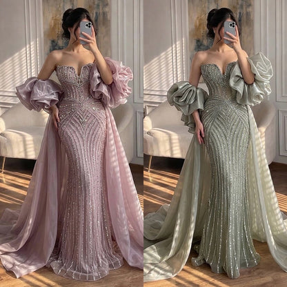 Luxury Light Blue Diamond Evening Dress With Ruffle Cape LA73141