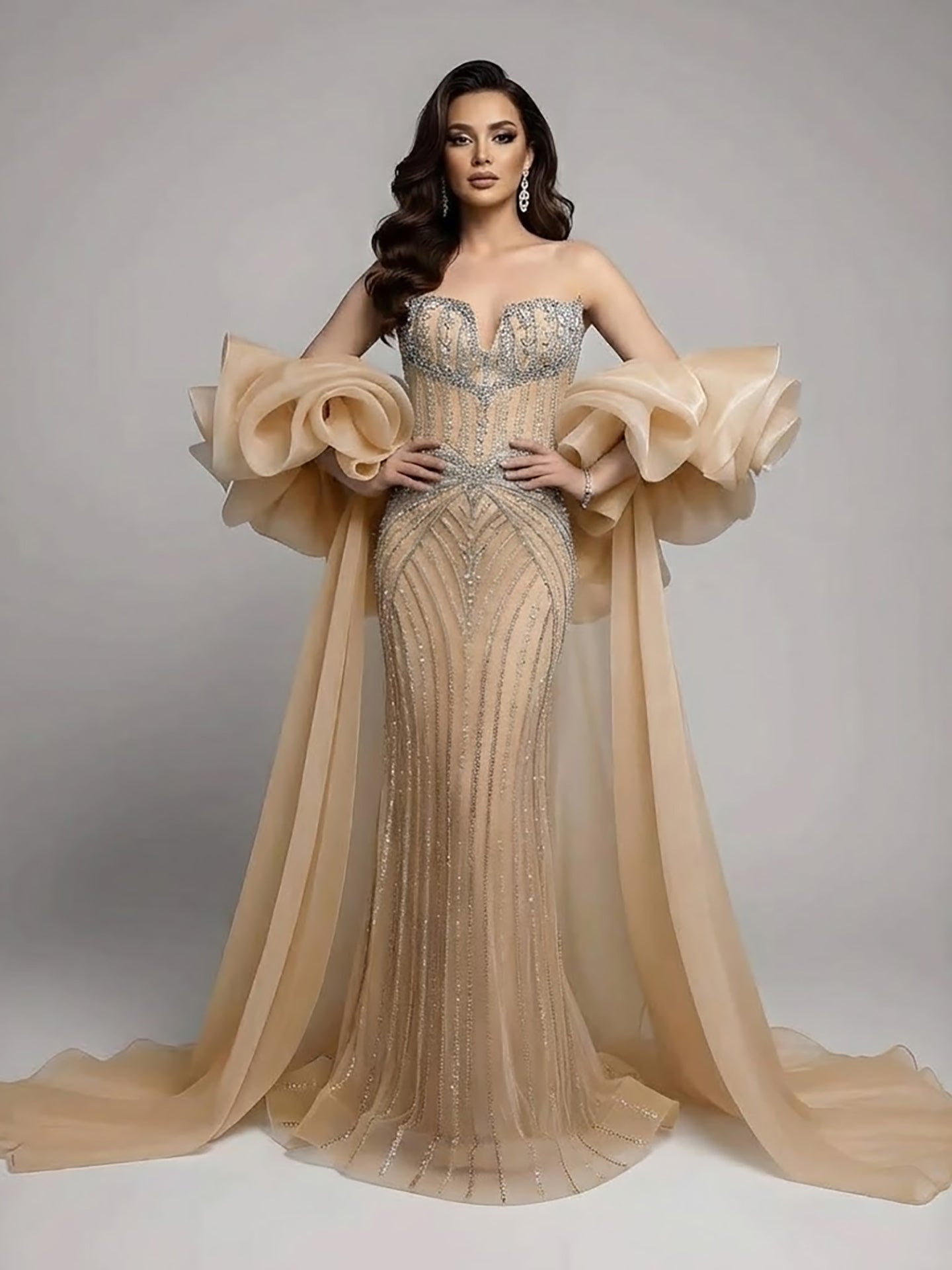 Luxury Light Blue Diamond Evening Dress With Ruffle Cape LA73141