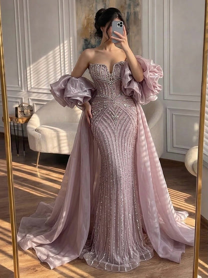 Luxury Light Blue Diamond Evening Dress With Ruffle Cape LA73141