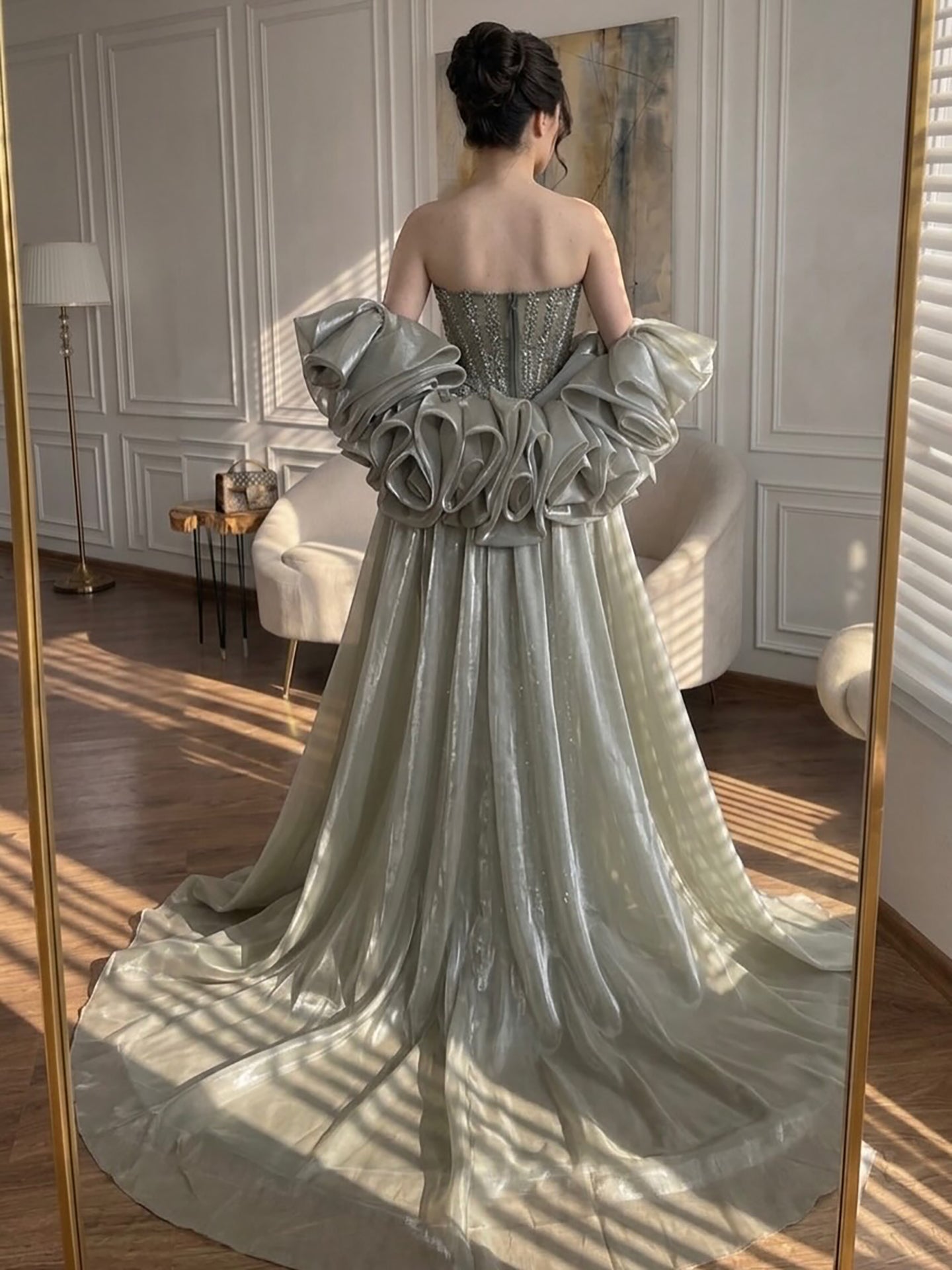 Luxury Light Blue Diamond Evening Dress With Ruffle Cape LA73141