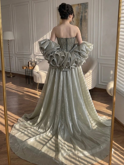 Luxury Light Blue Diamond Evening Dress With Ruffle Cape LA73141