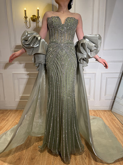 Luxury Light Blue Diamond Evening Dress With Ruffle Cape LA73141