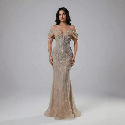 Luxury Gold Crystal Beaded Mermaid Evening Dress LA73142
