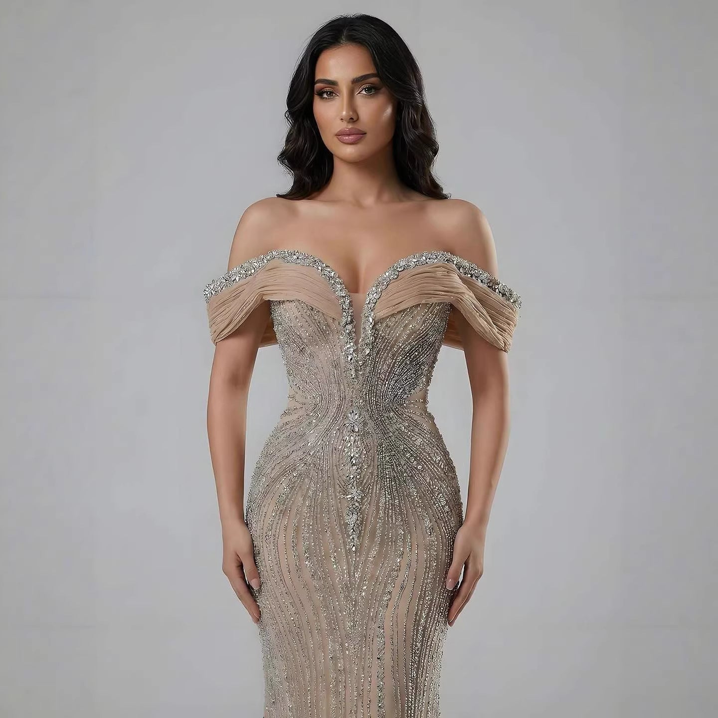 Luxury Gold Crystal Beaded Mermaid Evening Dress LA73142