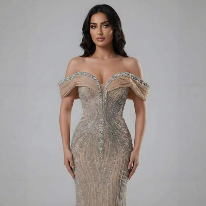 Luxury Gold Crystal Beaded Mermaid Evening Dress LA73142