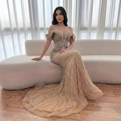 Luxury Gold Crystal Beaded Mermaid Evening Dress LA73142