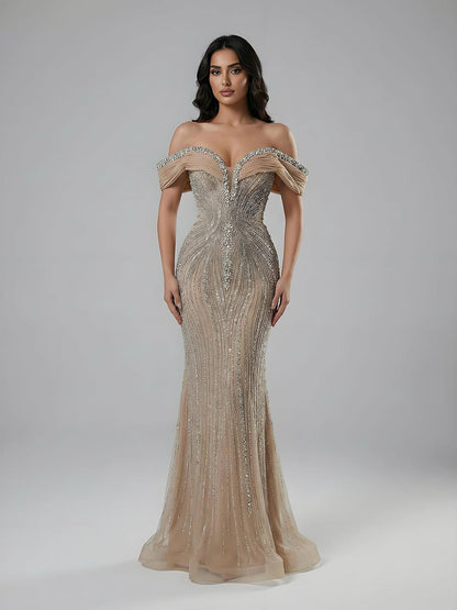 Luxury Gold Crystal Beaded Mermaid Evening Dress LA73142