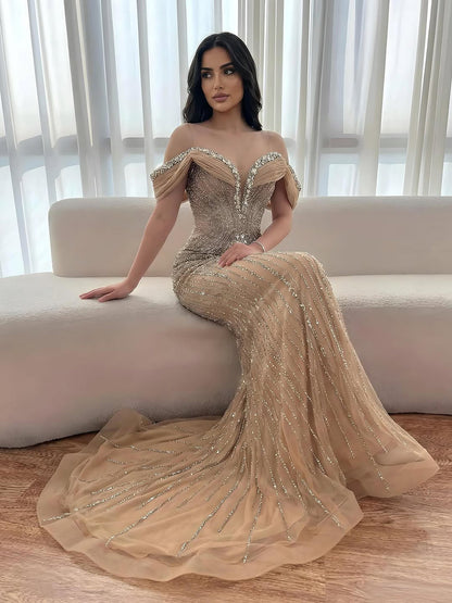 Luxury Gold Crystal Beaded Mermaid Evening Dress LA73142