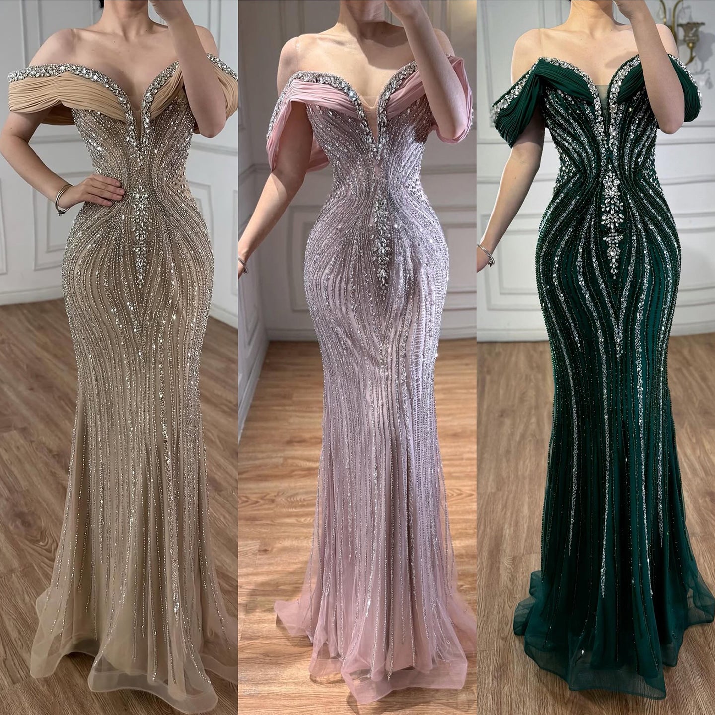 Luxury Gold Crystal Beaded Mermaid Evening Dress LA73142