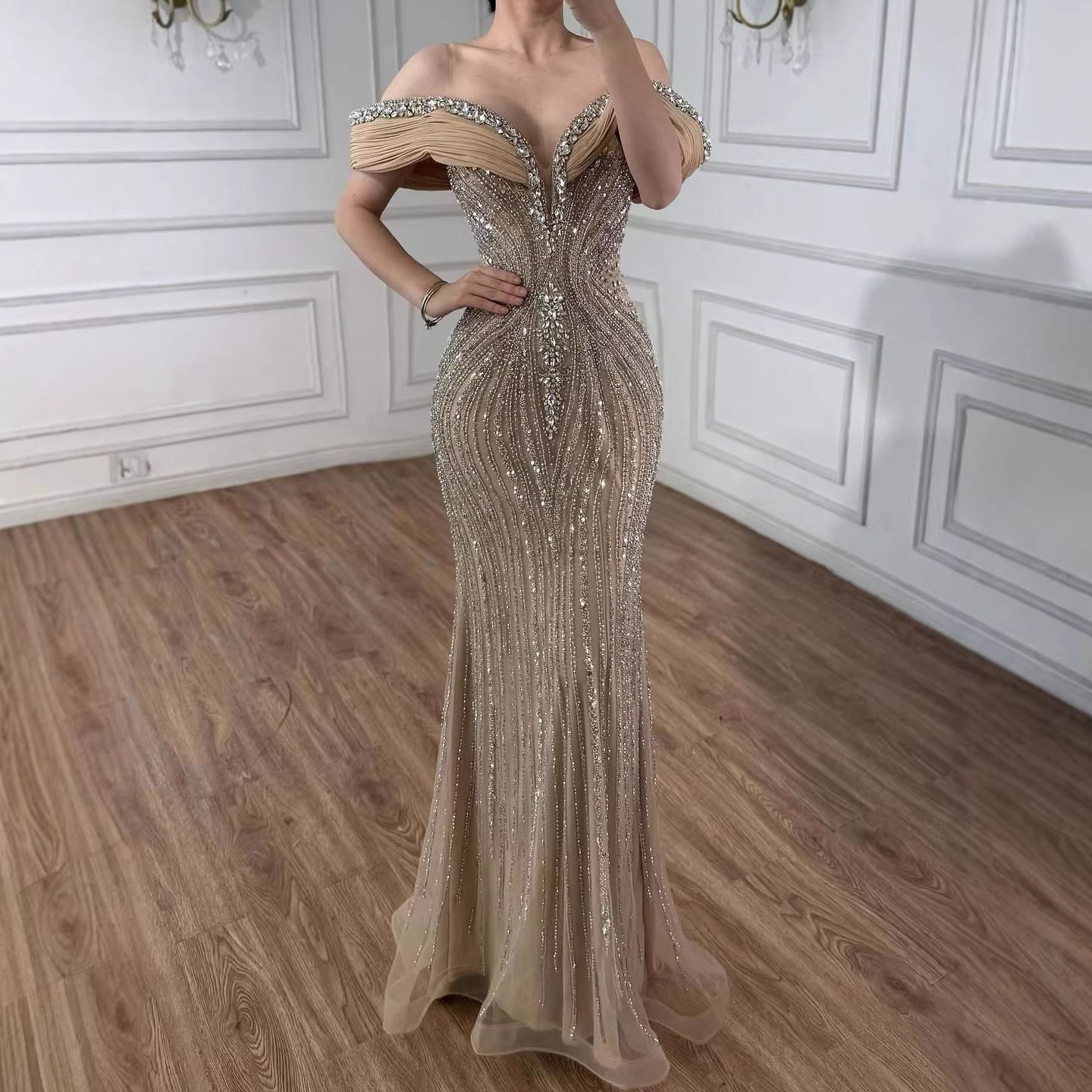 Luxury Gold Crystal Beaded Mermaid Evening Dress LA73142