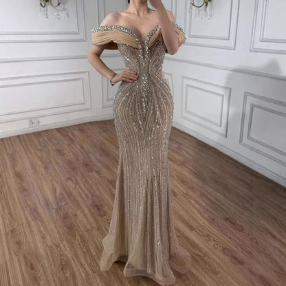 Luxury Gold Crystal Beaded Mermaid Evening Dress LA73142